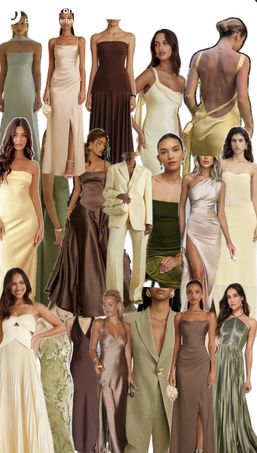 Women's black tie attire inspiration in soft neutrals, butter yellow, olive green, chocolate, and satin gowns