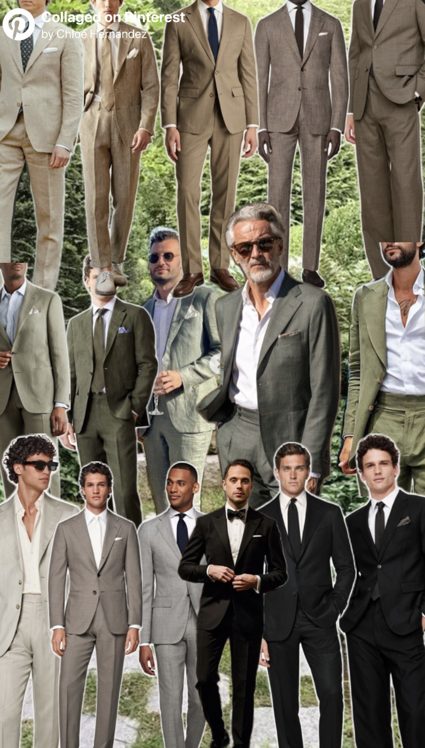 Men's black tie and summer tailoring inspiration with linen suits, olive suits, grey suits, and tuxedos