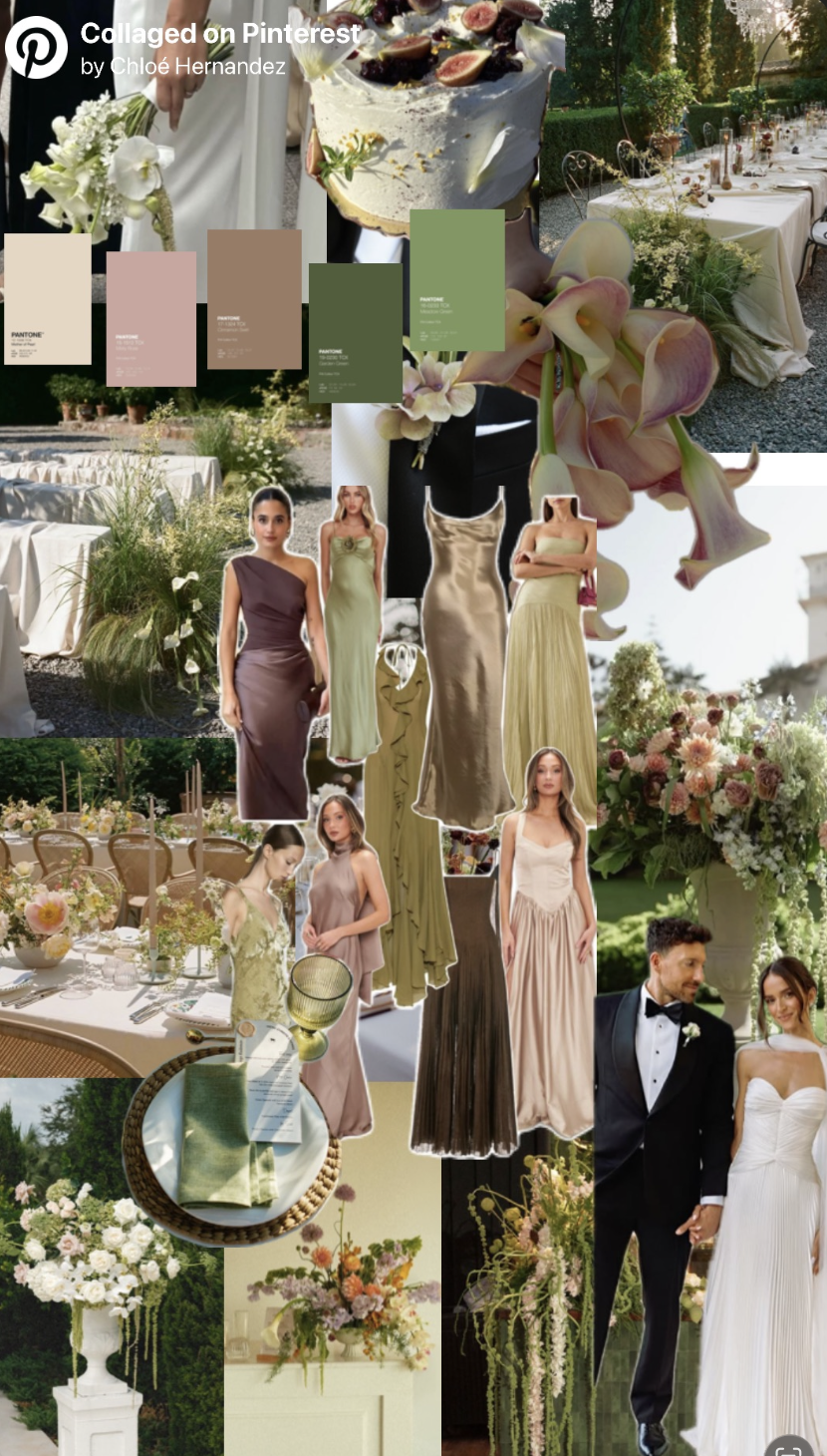 Italian summer black tie wedding mood board with soft neutrals, olive greens, florals, tablescapes, and formal evening attire