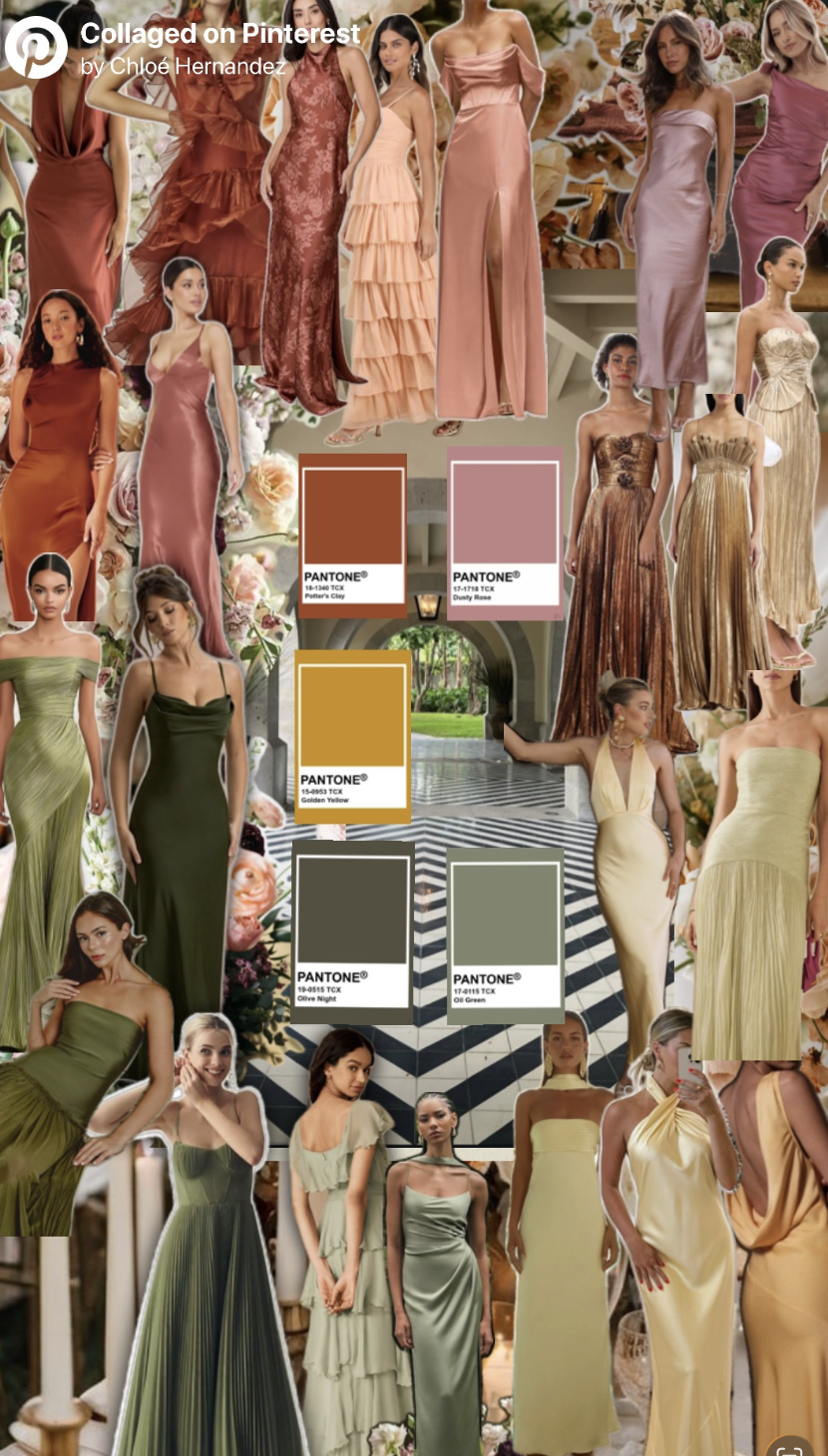 Women's Italian summer elegance collage with gowns in terracotta, rose, olive, cream, butter yellow, and warm earthy tones