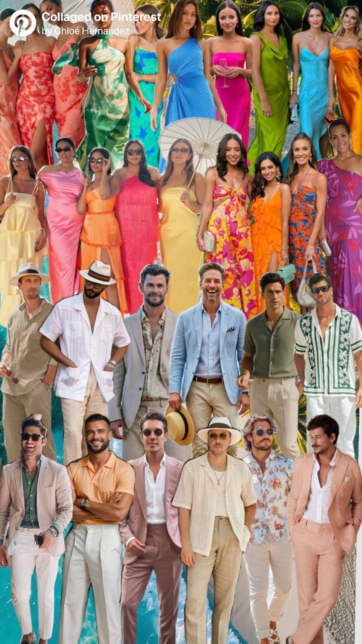 La Dolce Vita attire collage with colourful summer dresses, linen suits, Mediterranean blues, citrus tones, and Italian Riviera styling