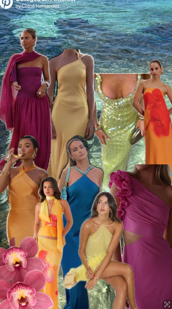 La Dolce Vita eveningwear inspiration with turquoise water, jewel-tone dresses, citrus orange, fuchsia, and orchid accents