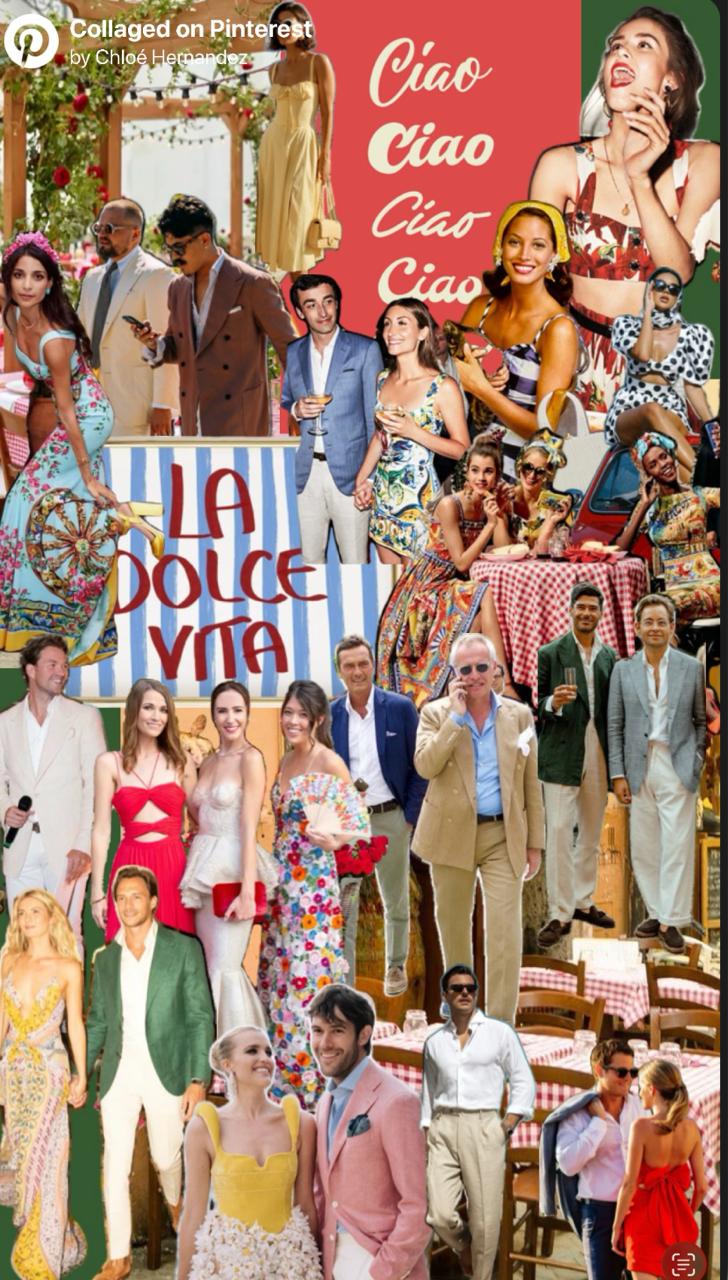 La Dolce Vita collage with Italian Riviera prints, ciao typography, floral dresses, linen suits, and aperitivo styling