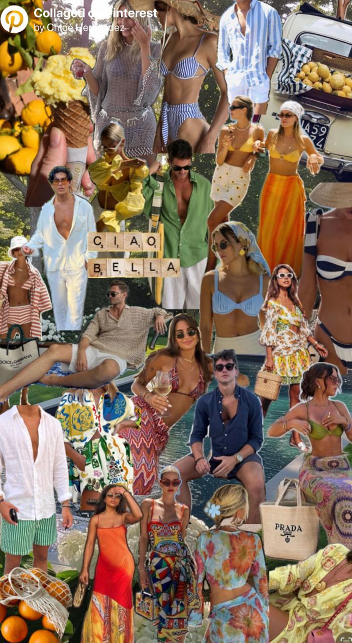 Puglia poolside club collage with citrus, colourful resort wear, swimwear, linens, stripes, and Italian summer accessories