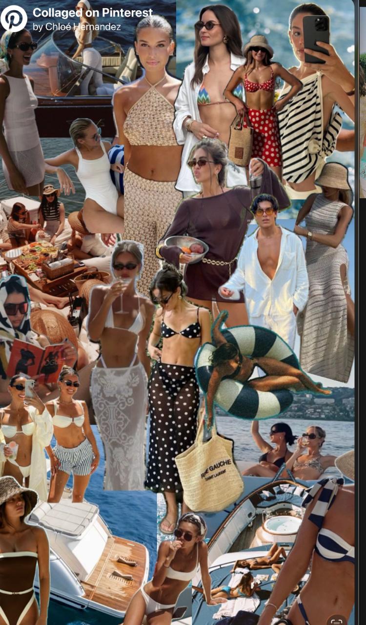 Poolside resort wear collage with swimwear, cover-ups, sunglasses, straw bags, polka dots, and boat-club styling
