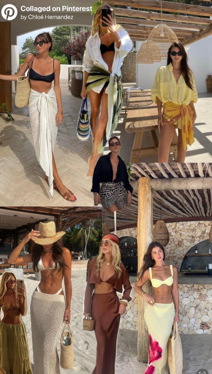 Poolside outfit collage with bikinis, sarongs, linen shirts, straw bags, crochet, and neutral resort tones